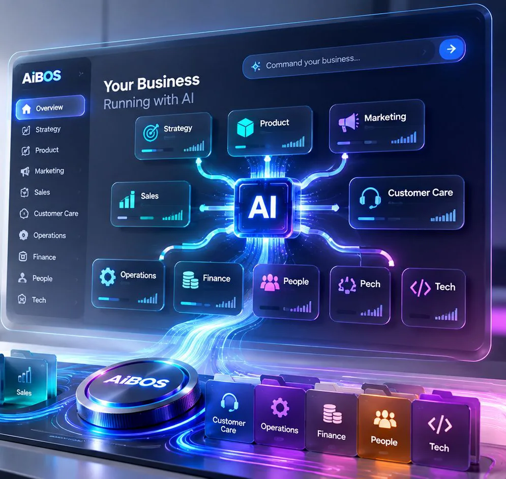 The AiBOS dashboard with an AI chip connecting every part of the business