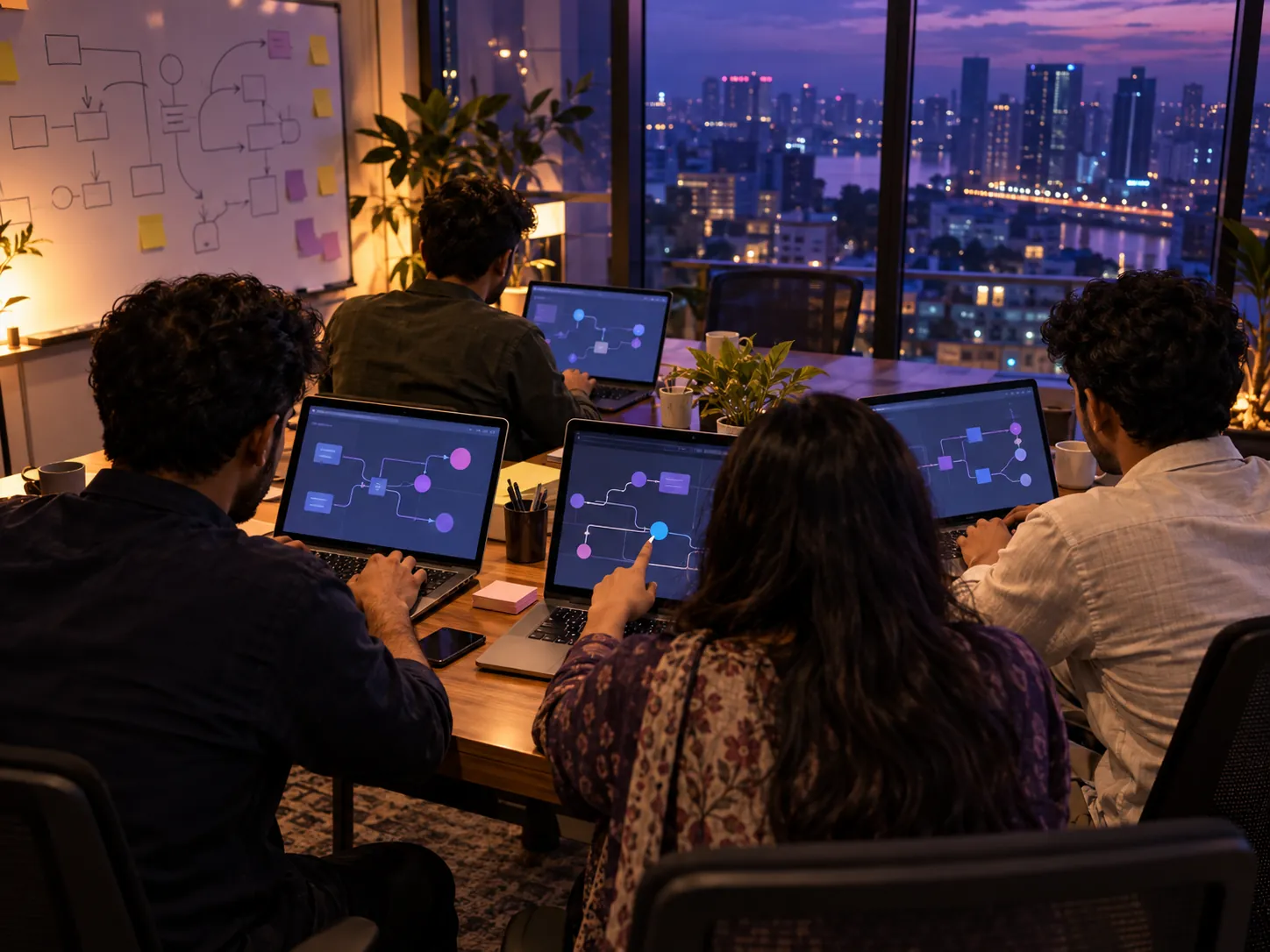 A small group of business owners building AI systems together on laptops