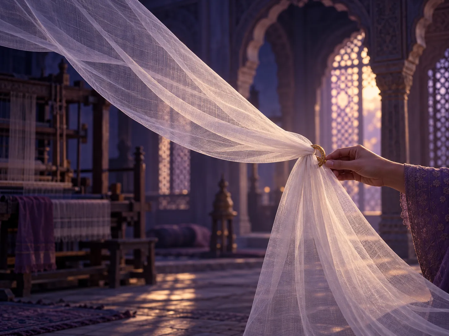 Fine muslin cloth drawn through a gold ring in an old Dhaka hall