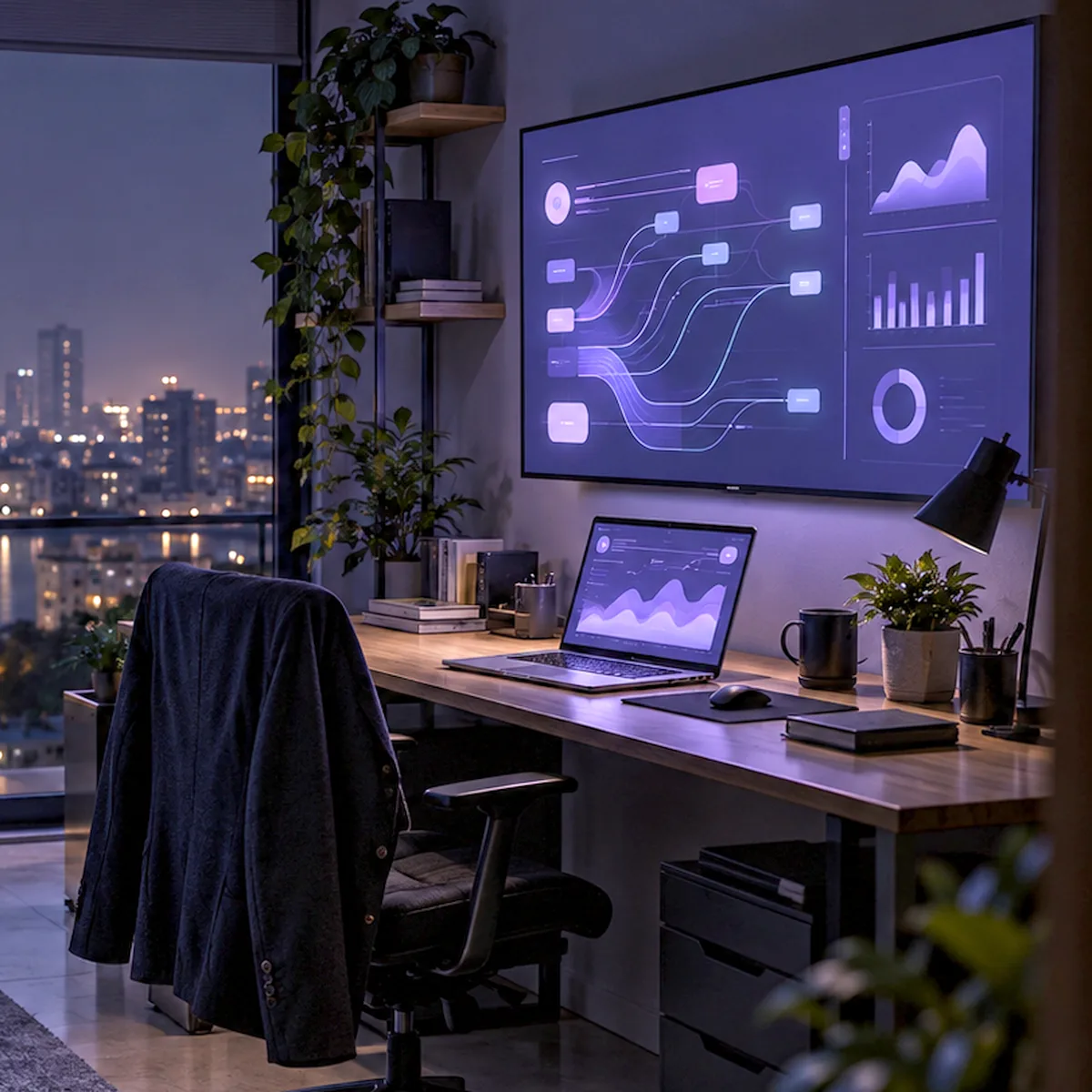 An empty office at night with screens still running the business